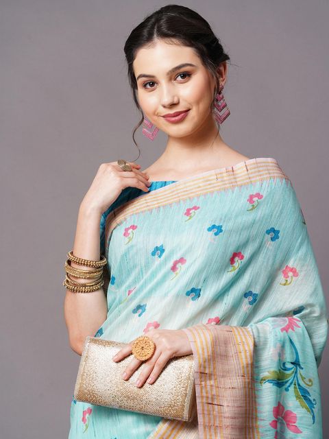 Light Blue Color Wedding Wear Linen Saree, With Blouse Piece