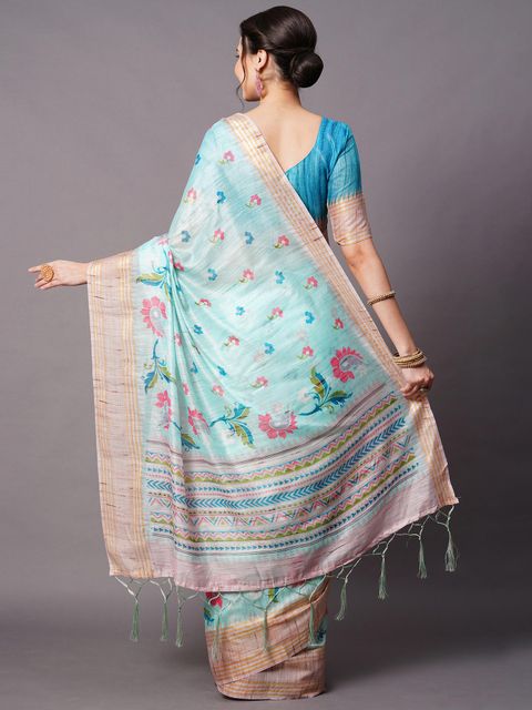 Light Blue Color Wedding Wear Linen Saree, With Blouse Piece