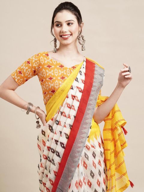 White And Yellow Color Wedding Wear Linen Saree, With Blouse Piece