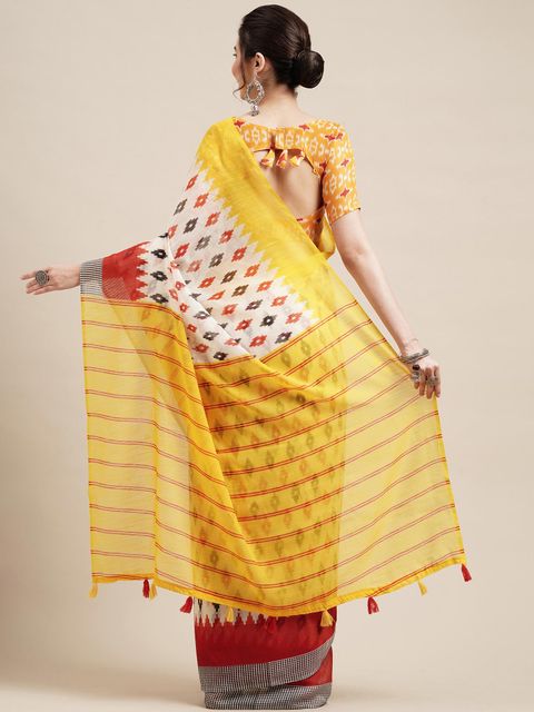 White And Yellow Color Wedding Wear Linen Saree, With Blouse Piece