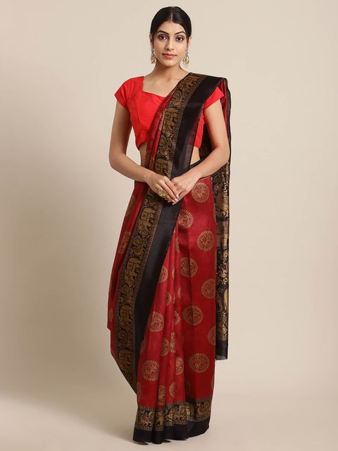 Red And Brown Color Wedding Wear Linen Saree, With Blouse Piece