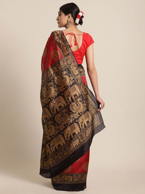 Red And Brown Color Wedding Wear Linen Saree, With Blouse Piece