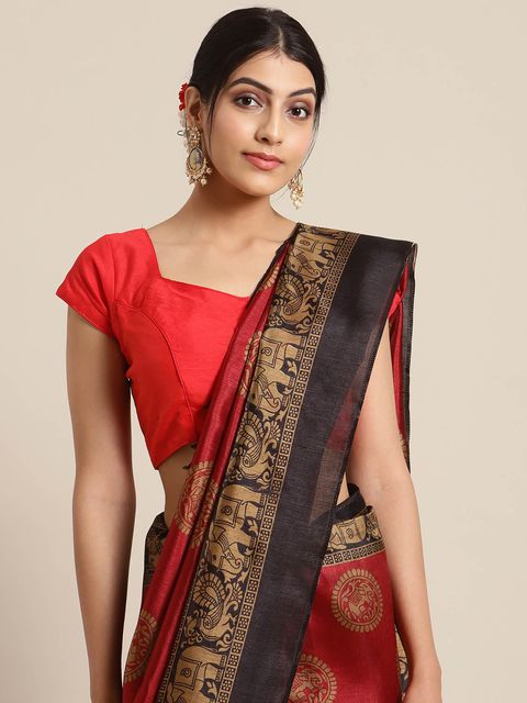 Red And Brown Color Wedding Wear Linen Saree, With Blouse Piece