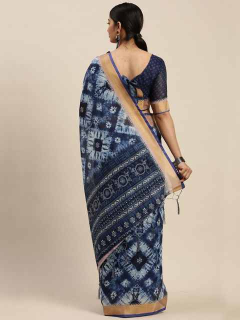 Night Blue Color Wedding Wear Linen Saree, With Blouse Piece