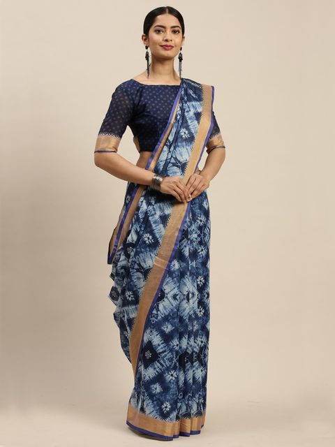 Night Blue Color Wedding Wear Linen Saree, With Blouse Piece