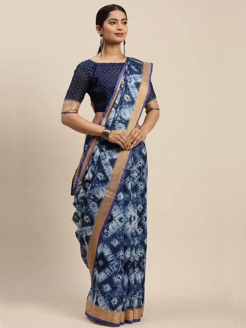 Night Blue Color Wedding Wear Linen Saree, With Blouse Piece