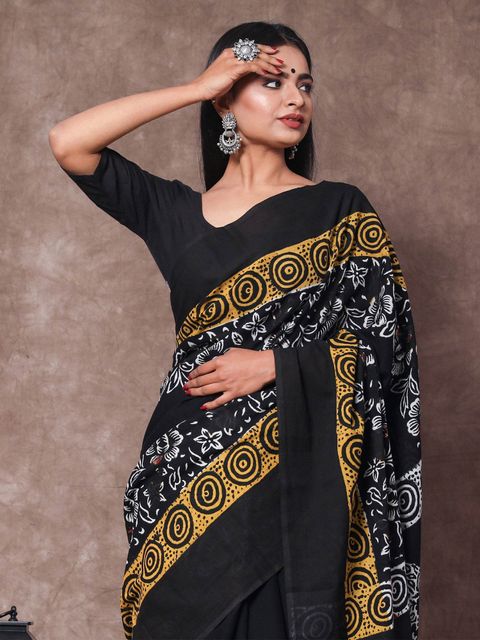 Black Color Wedding Wear Linen Saree, With Blouse Piece