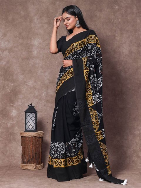 Black Color Wedding Wear Linen Saree, With Blouse Piece