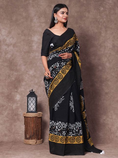 Black Color Wedding Wear Linen Saree, With Blouse Piece