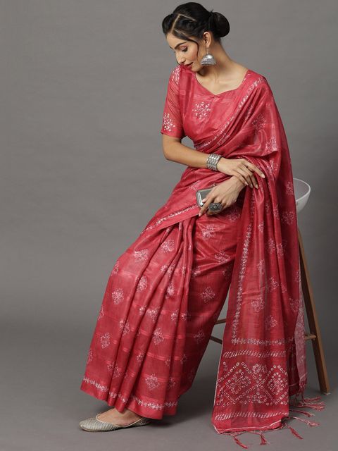 Pink Color Wedding Wear Linen Saree, With Blouse Piece