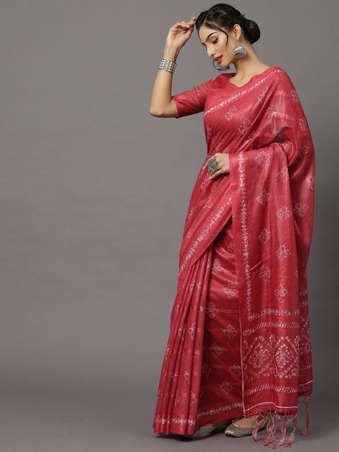 Pink Color Wedding Wear Linen Saree, With Blouse Piece