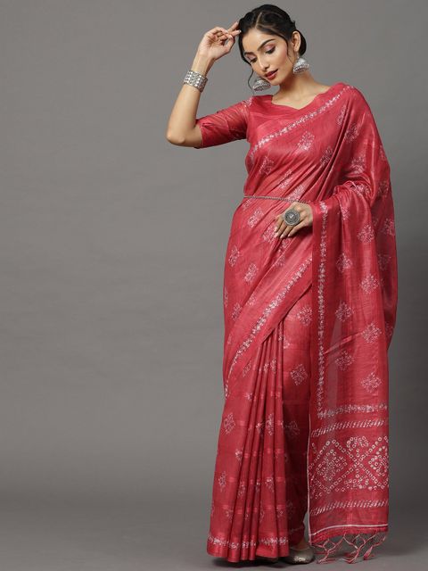 Pink Color Wedding Wear Linen Saree, With Blouse Piece