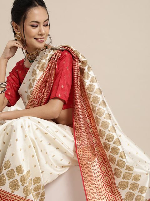 Cream Color Wedding Wear Linen Saree, With Blouse Piece