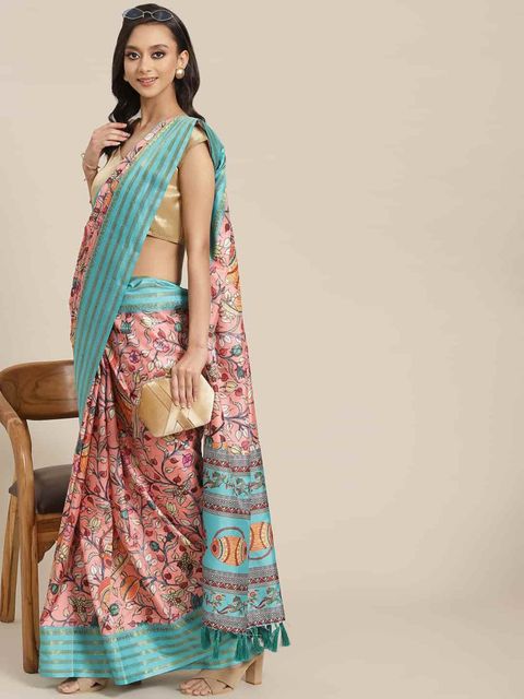 Light Pink And Rama Color Wedding Wear Linen Saree, With Blouse Piece