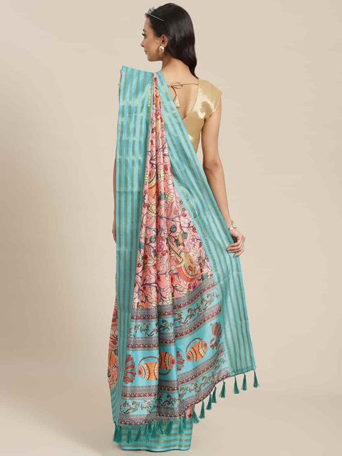 Light Pink And Rama Color Wedding Wear Linen Saree, With Blouse Piece