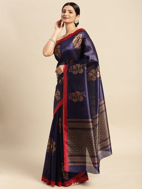 Royal Blue Color Wedding Wear Linen Saree, With Blouse Piece