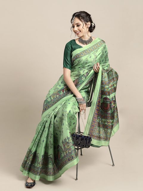 Mint Color Wedding Wear Linen Saree, With Blouse Piece