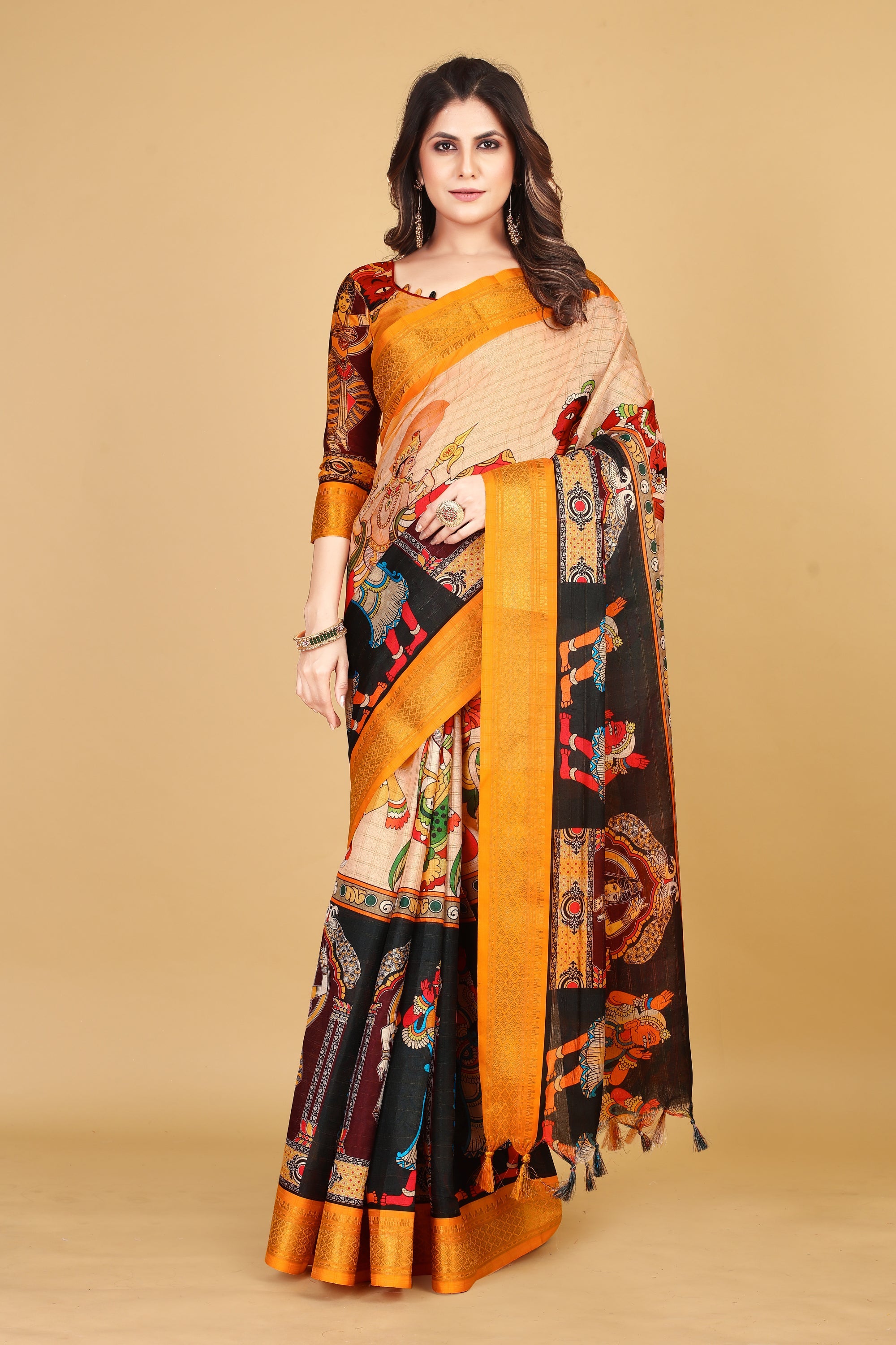 Unique Yellow Kalamkari Soft Silk Linen Saree