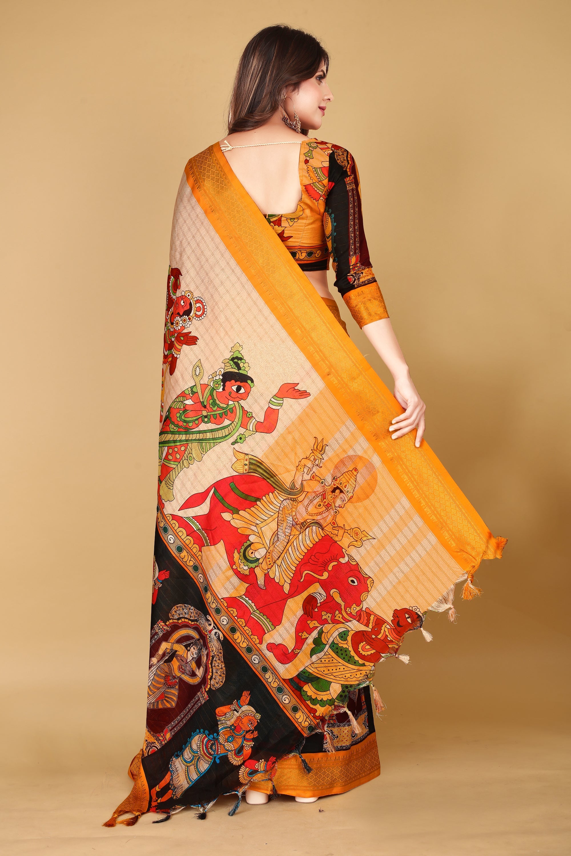 Unique Yellow Kalamkari Soft Silk Linen Saree