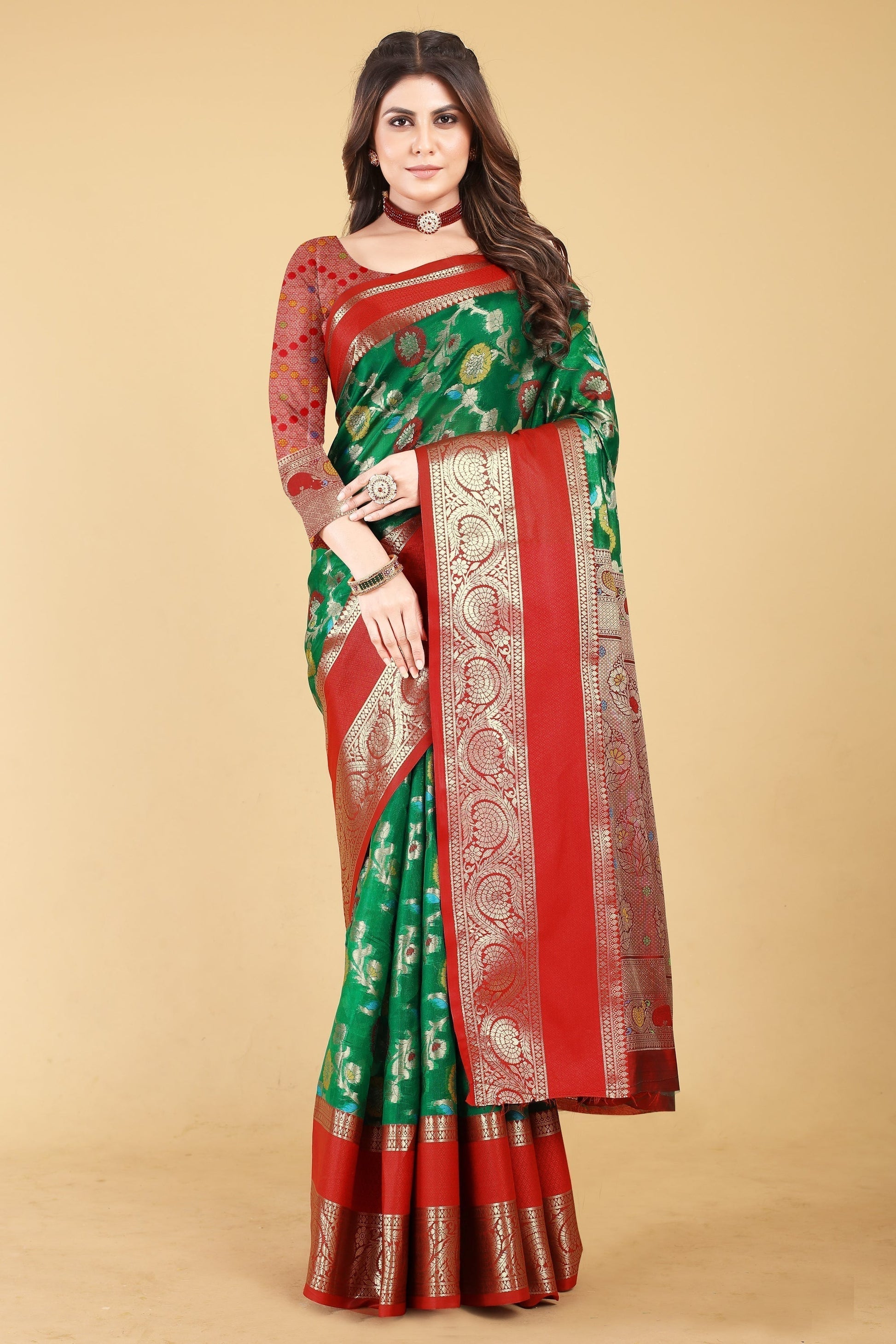 Sophisticated Dark Green Red Soft Linen Saree