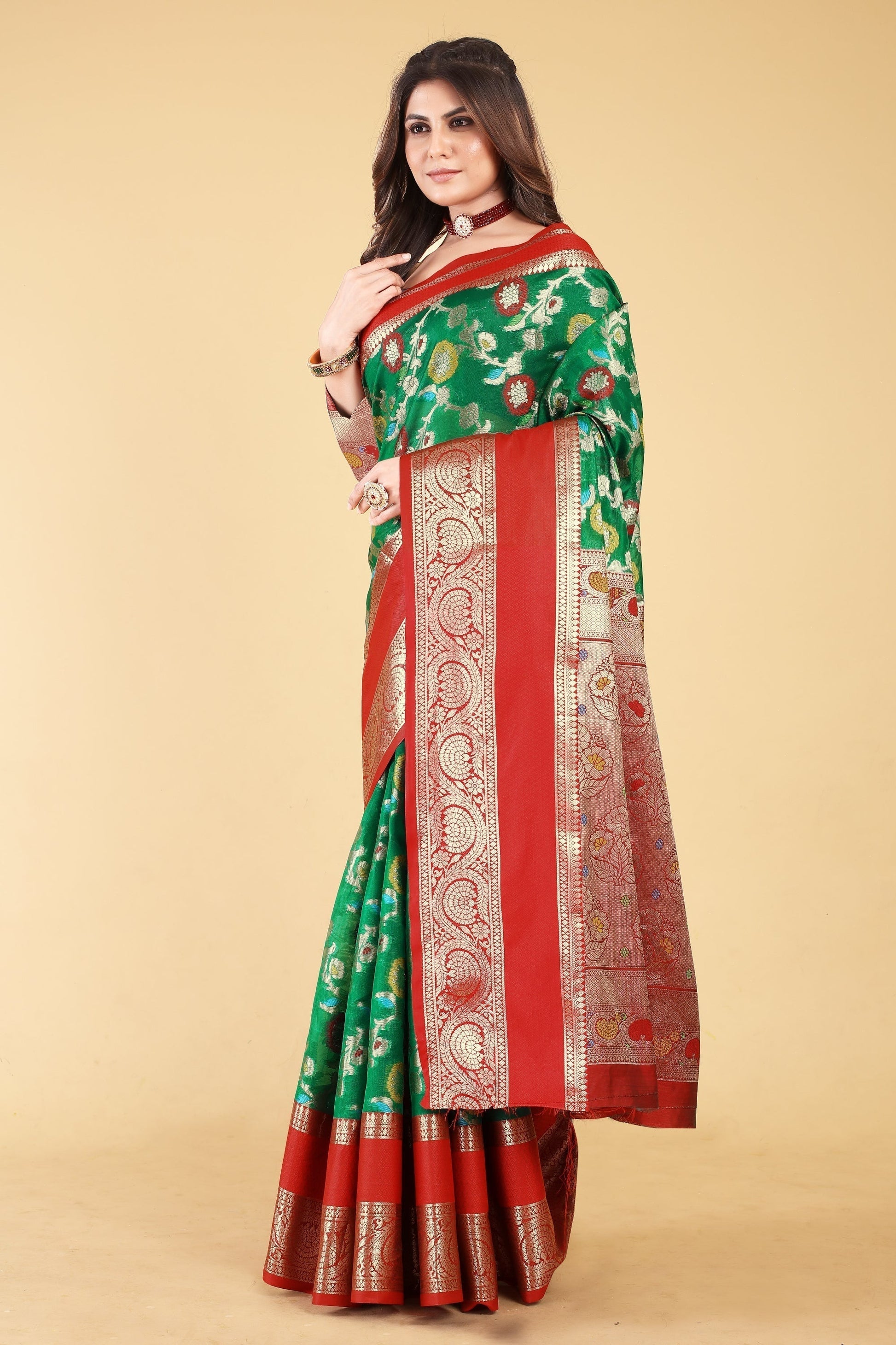 Sophisticated Dark Green Red Soft Linen Saree