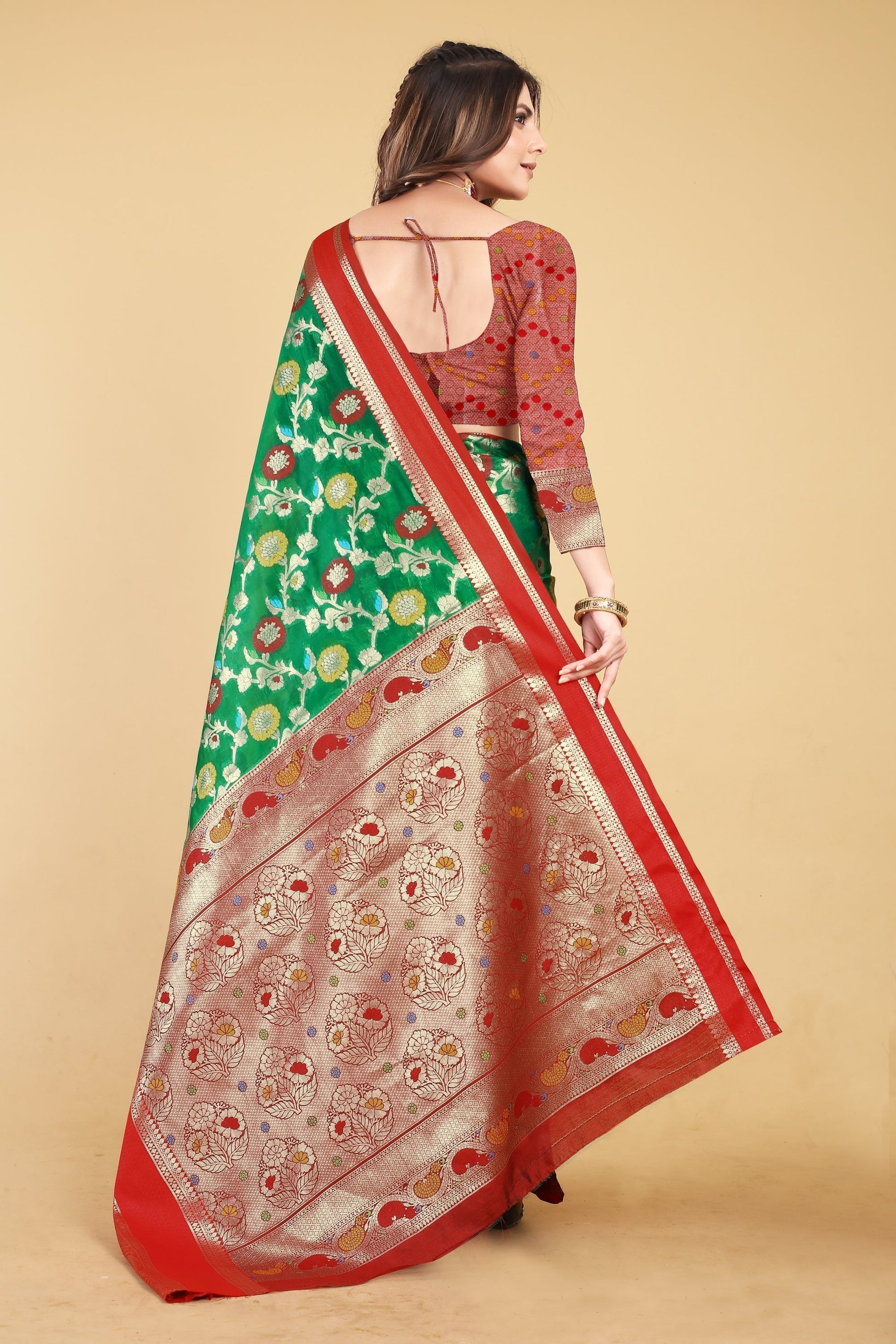 Sophisticated Dark Green Red Soft Linen Saree