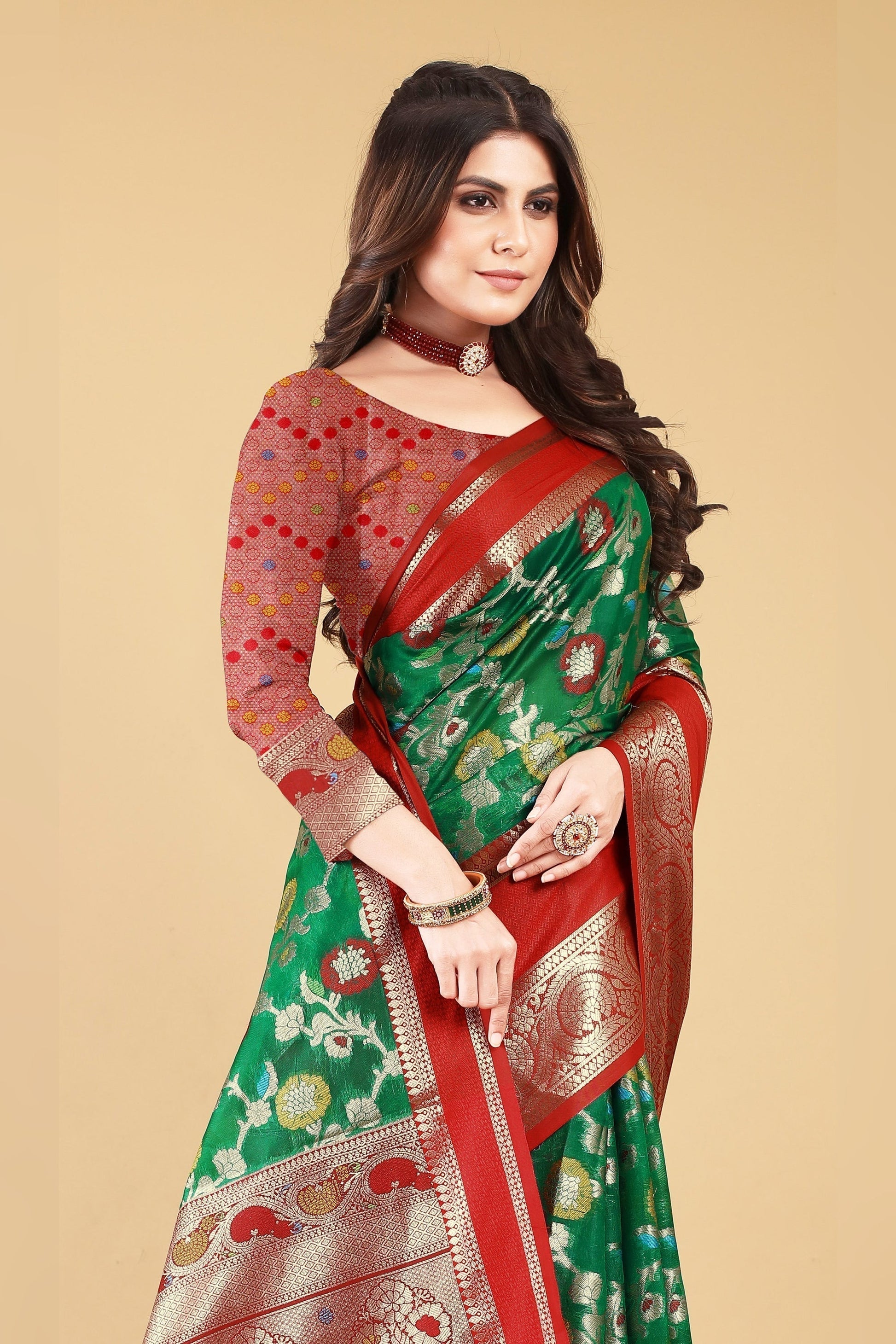 Sophisticated Dark Green Red Soft Linen Saree