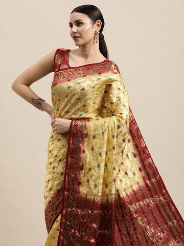 Adorning Cream Maroon Minakari Soft Linen Saree