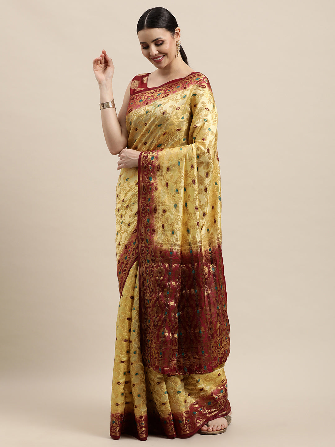 Adorning Cream Maroon Minakari Soft Linen Saree