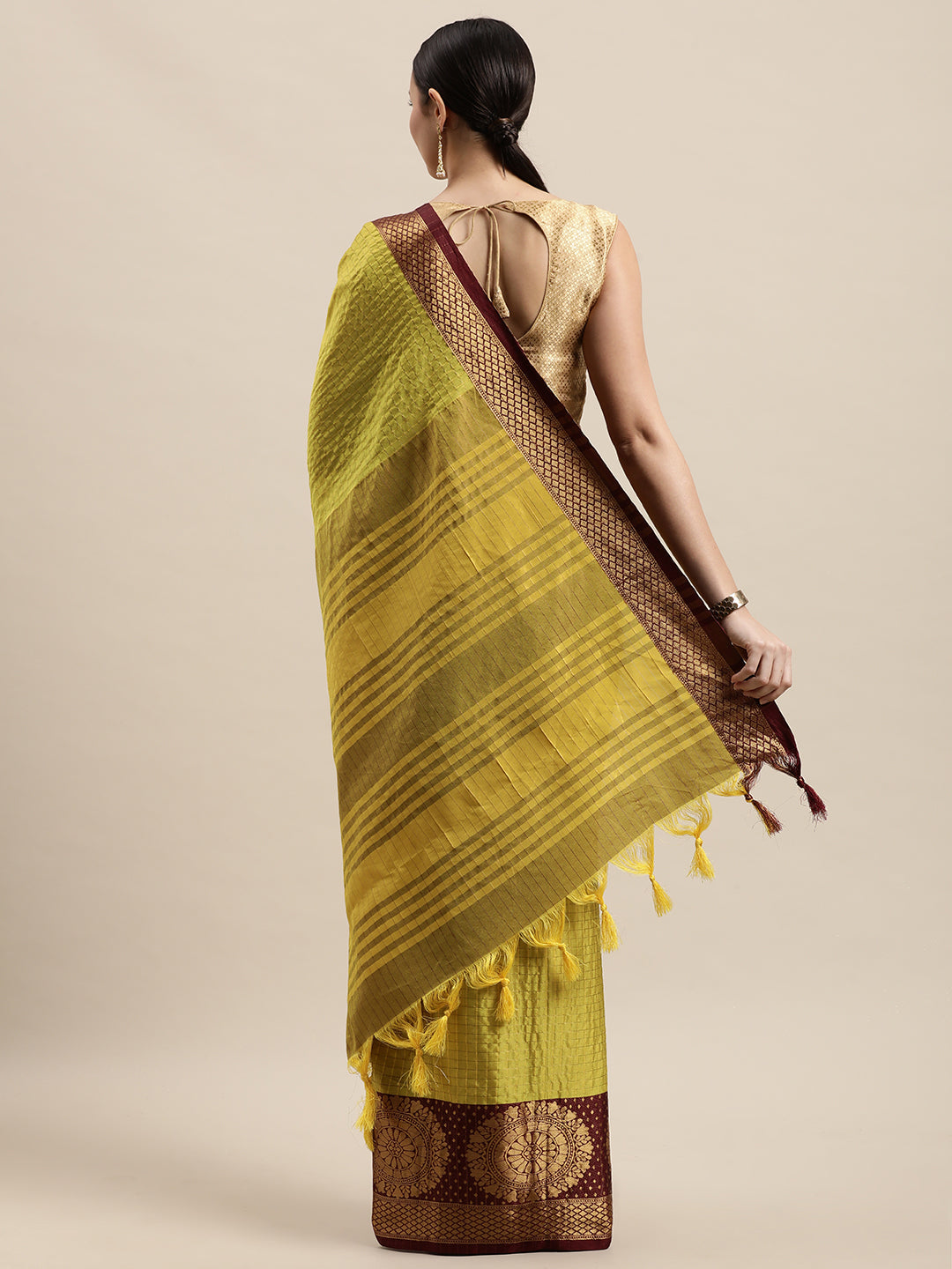 Prominent Lemon Maroon Soft Linen Saree