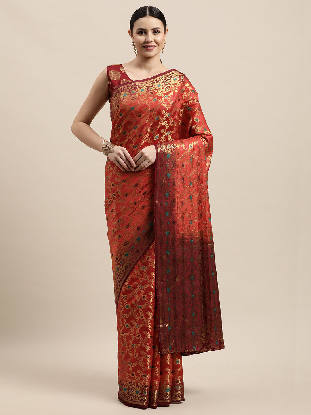 Adorning Orange Maroon Minakari Soft Linen Saree