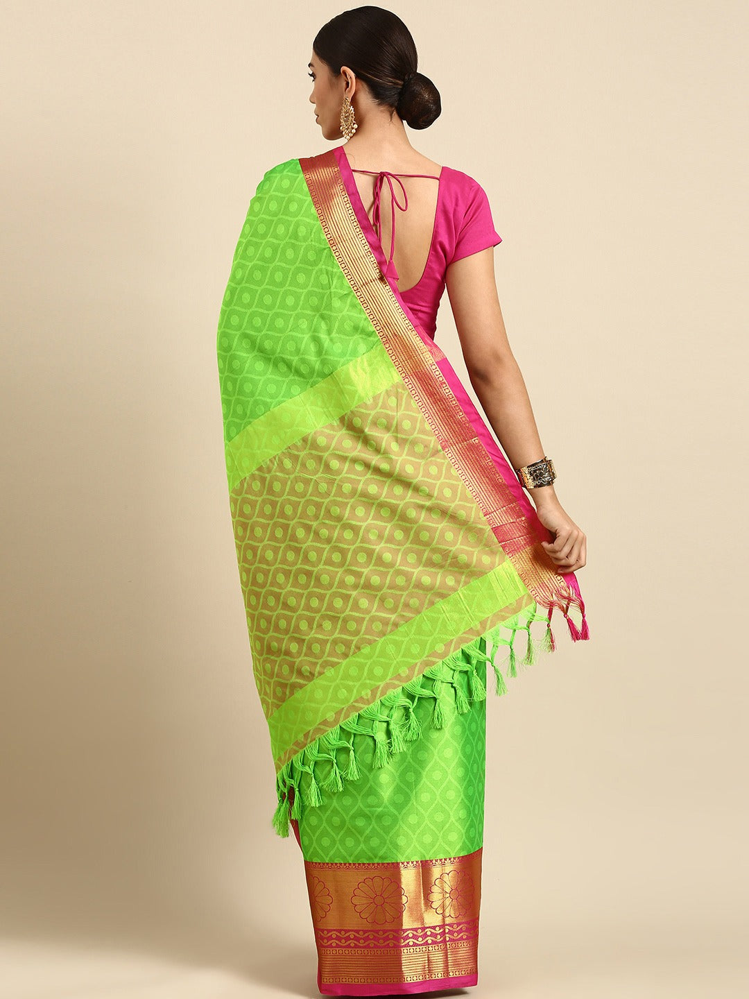 Stylish Parrot Green Pink Soft Linen Saree