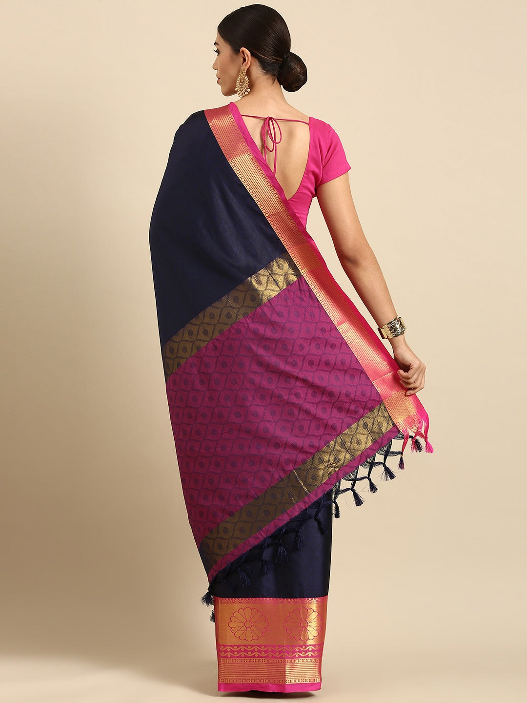 Fairy-tale Navy Blue Pink Soft Linen Saree