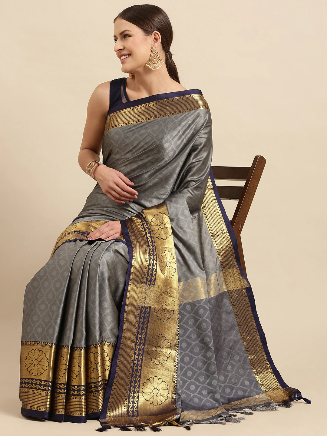 Breathtaking Gray Navy Blue Design Cotton Soft Linen Saree