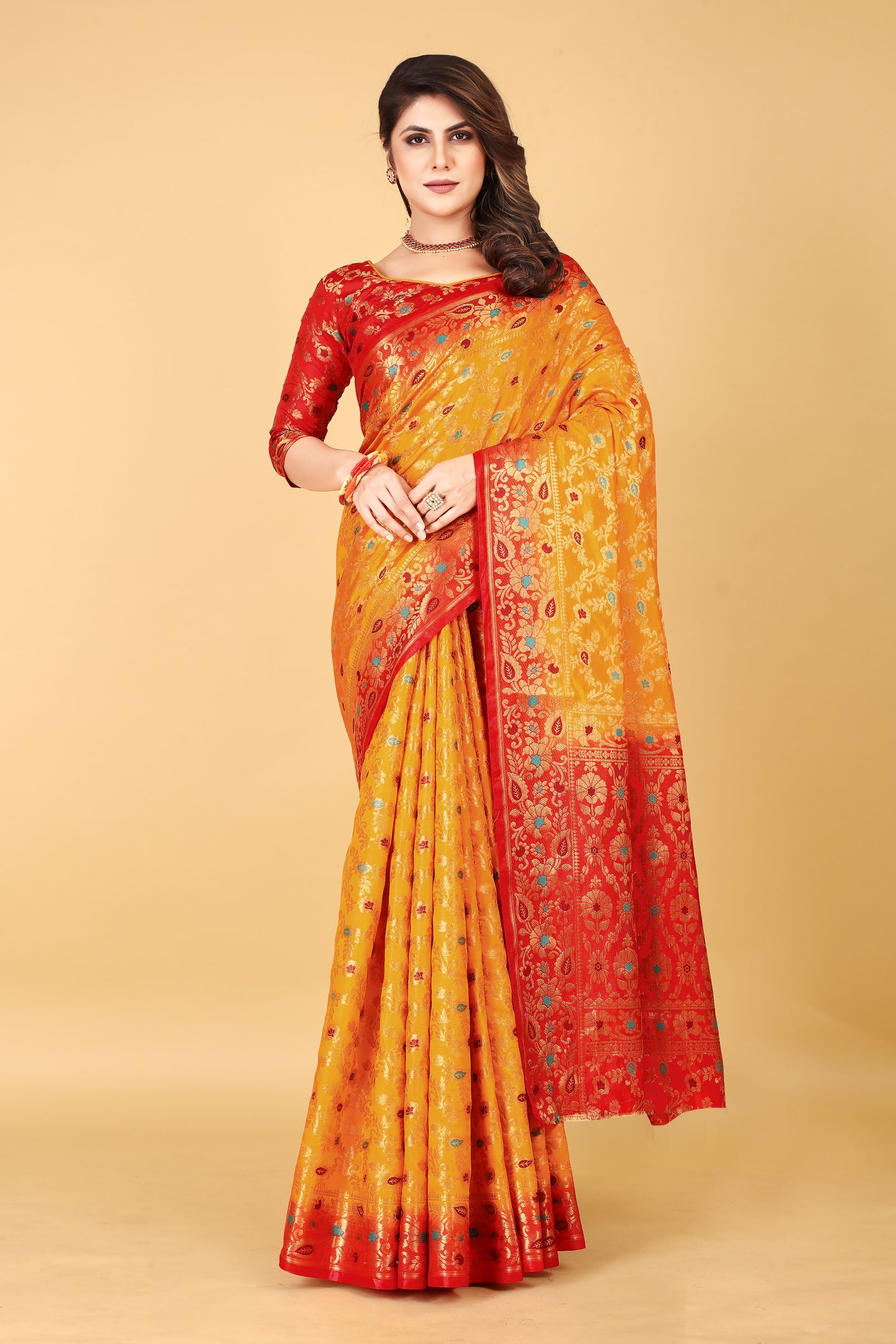 Fantastic Yellow Red Minakari Soft Linen Saree