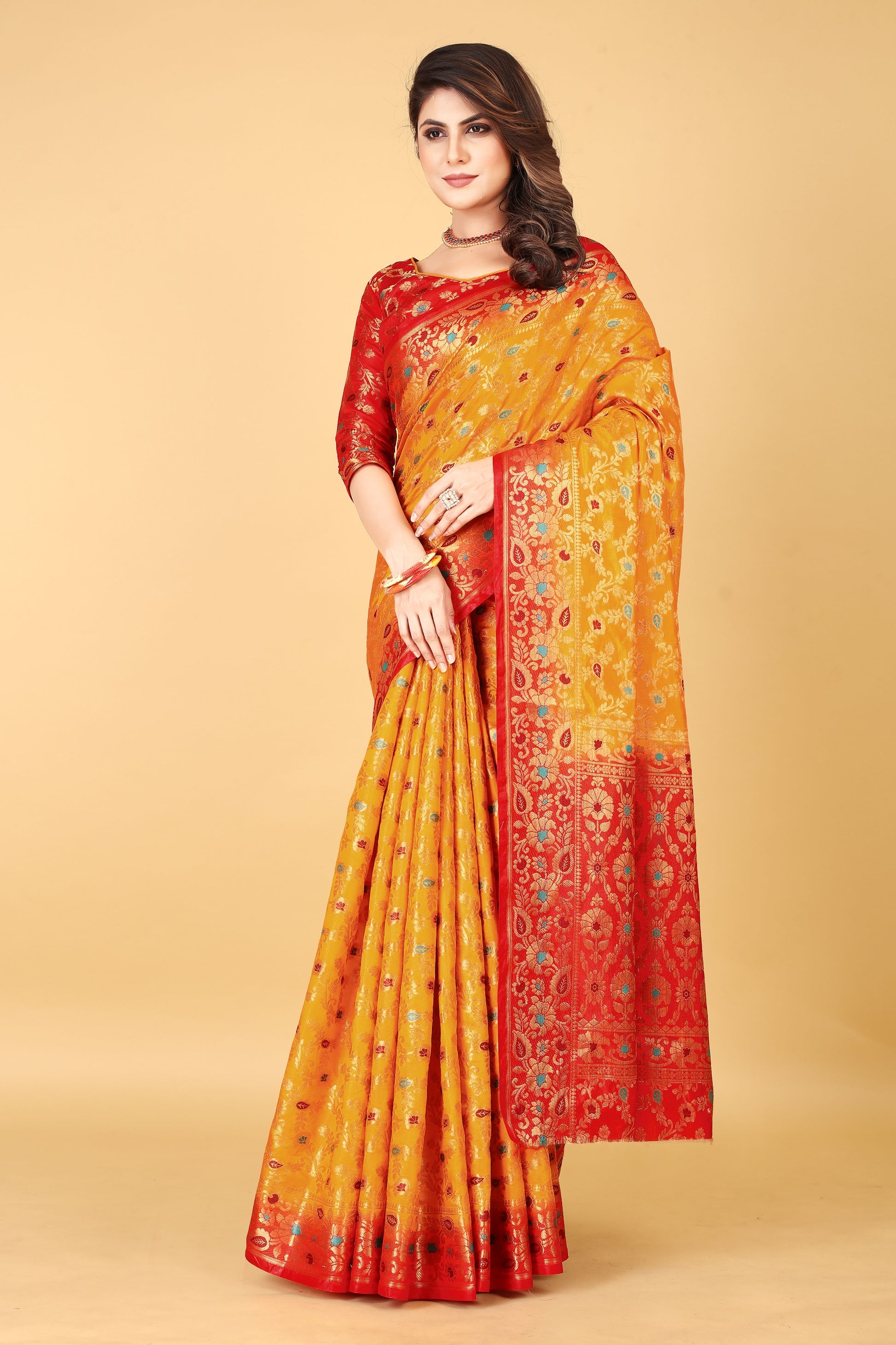 Fantastic Yellow Red Minakari Soft Linen Saree