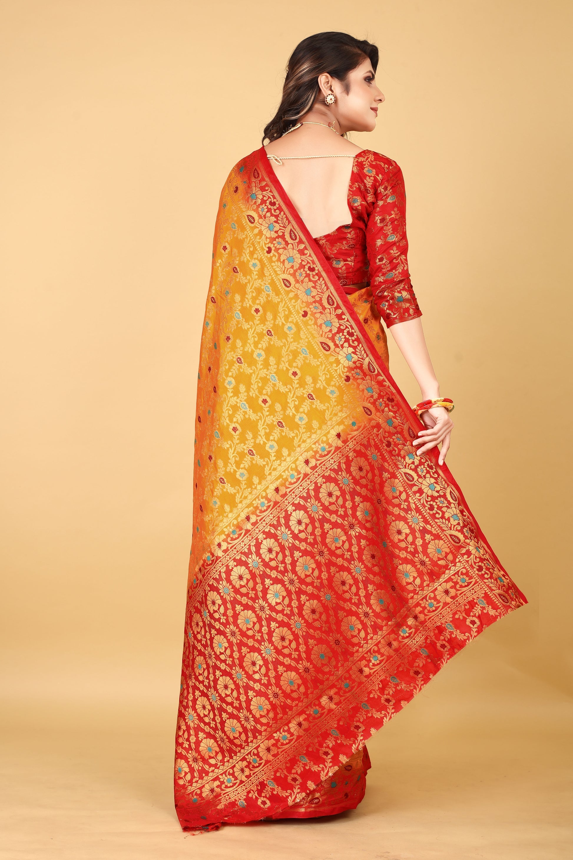 Fantastic Yellow Red Minakari Soft Linen Saree