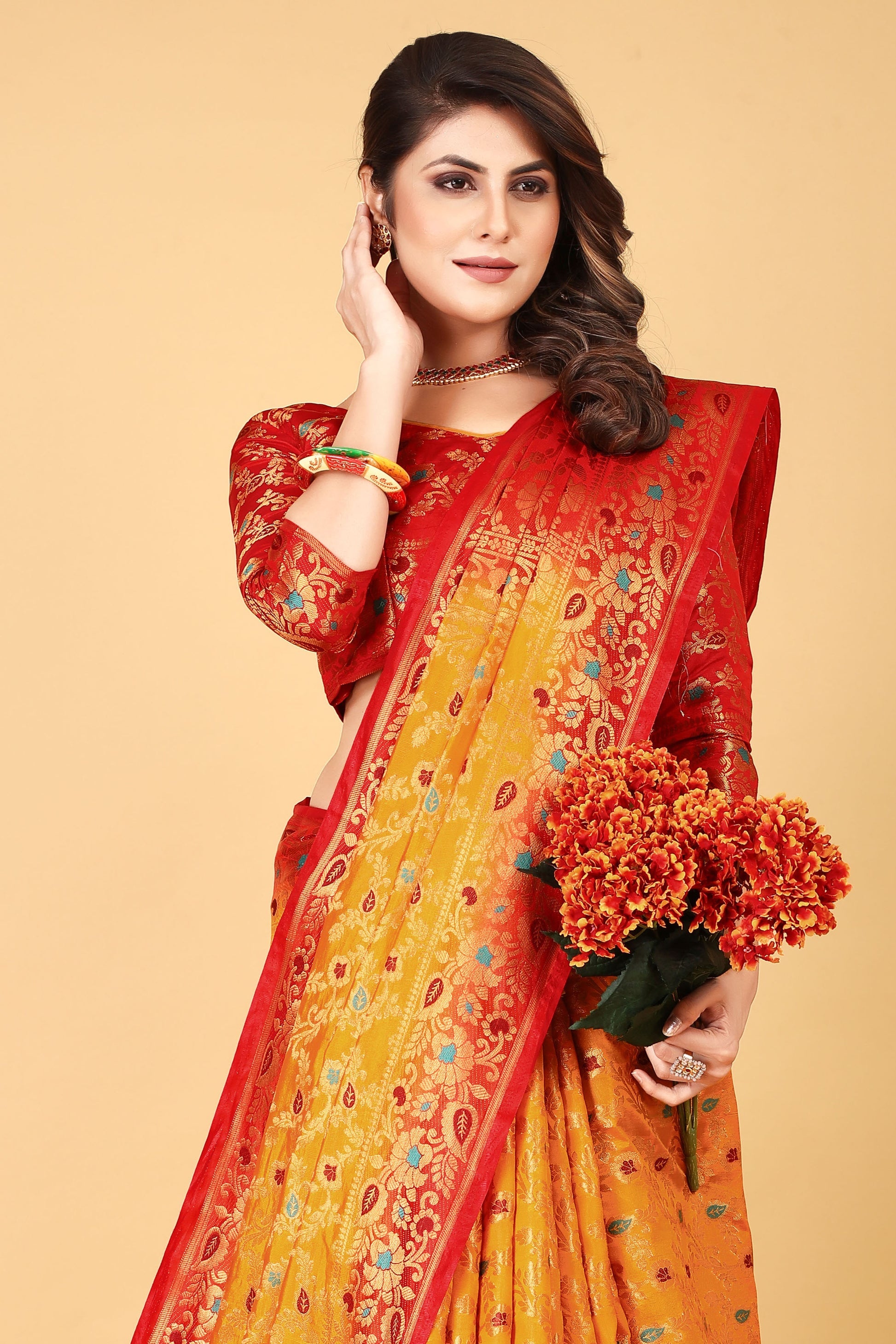 Fantastic Yellow Red Minakari Soft Linen Saree