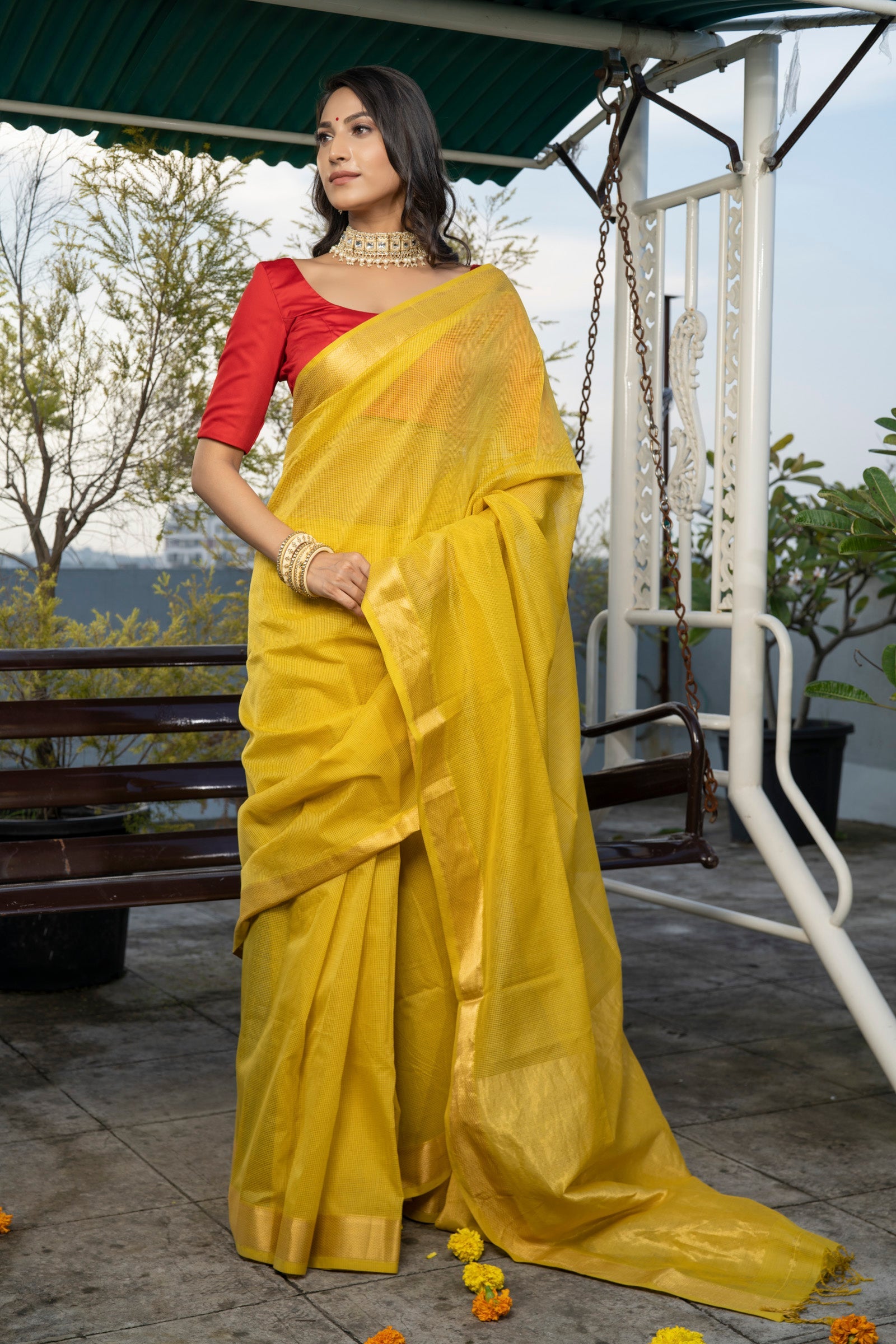 Pure Linen By Yellow Plain Saree With Red Blouse