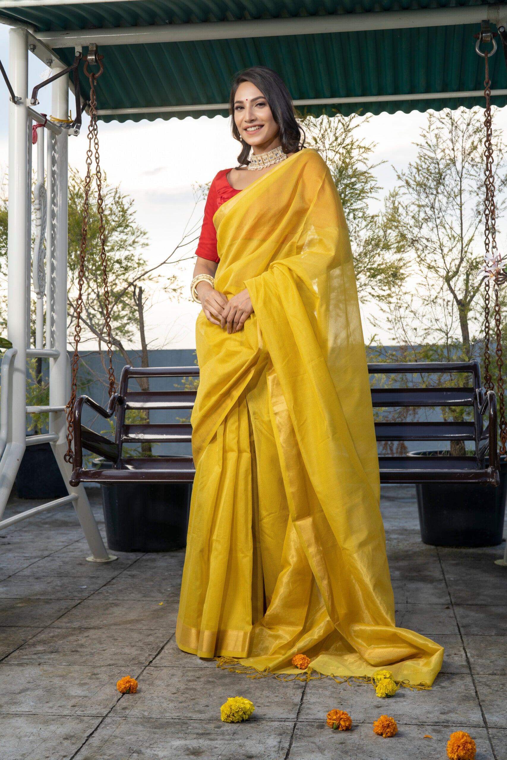 Pure Linen By Yellow Plain Saree With Red Blouse