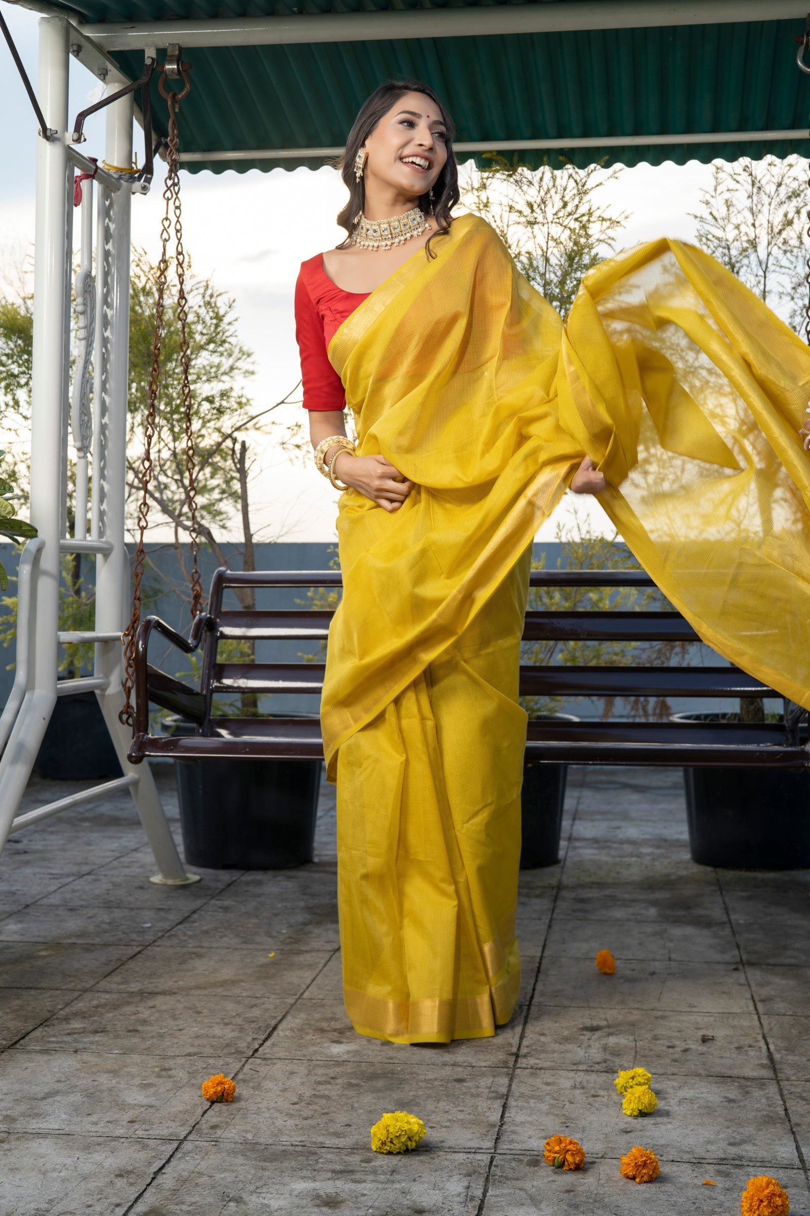 Pure Linen By Yellow Plain Saree With Red Blouse