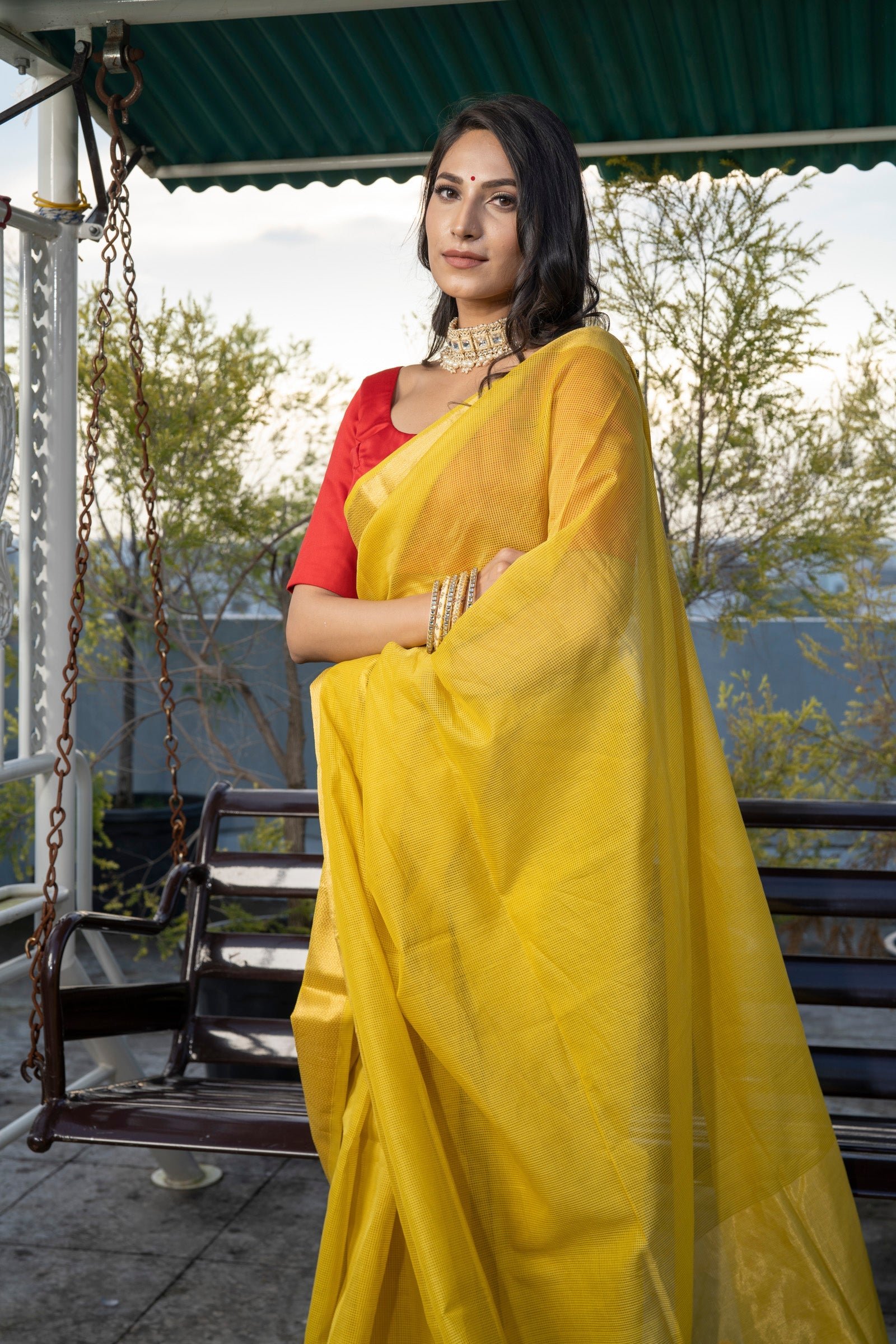 Buy Plain Yellow Saree Golden Red Border Online | trendwati