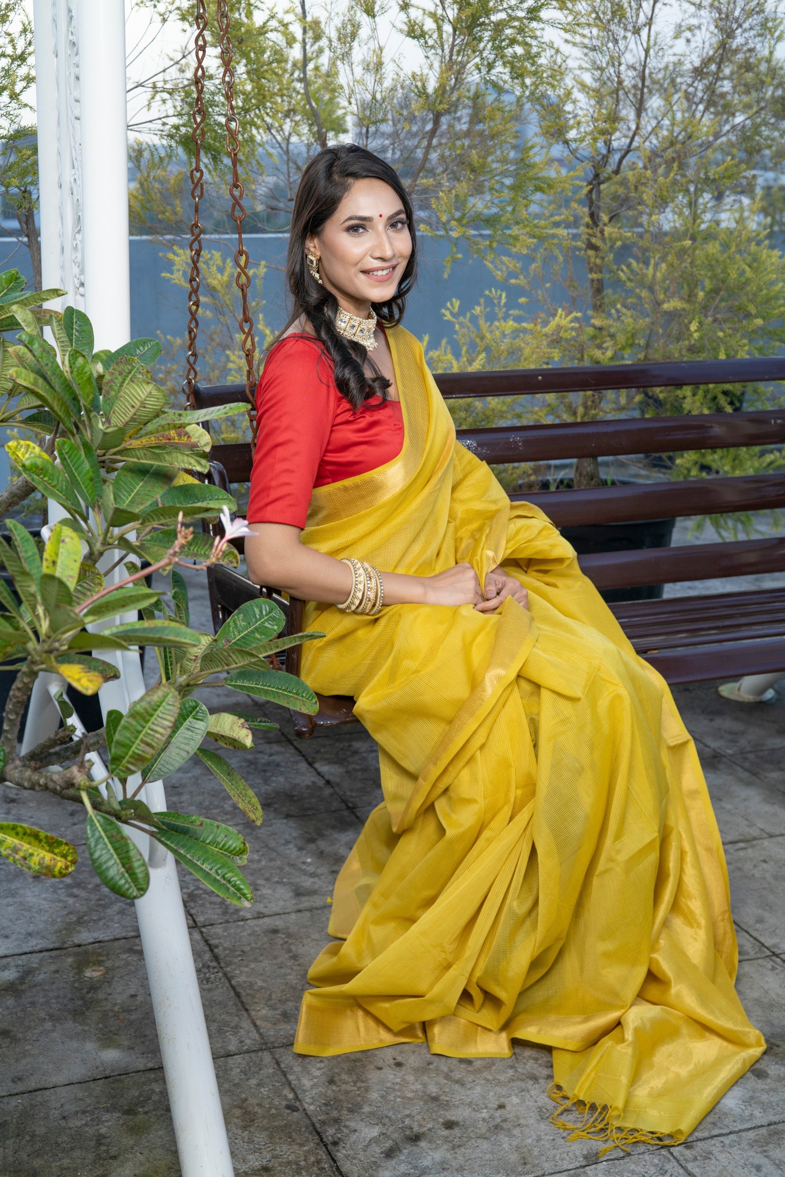 Pure Linen By Yellow Plain Saree With Red Blouse