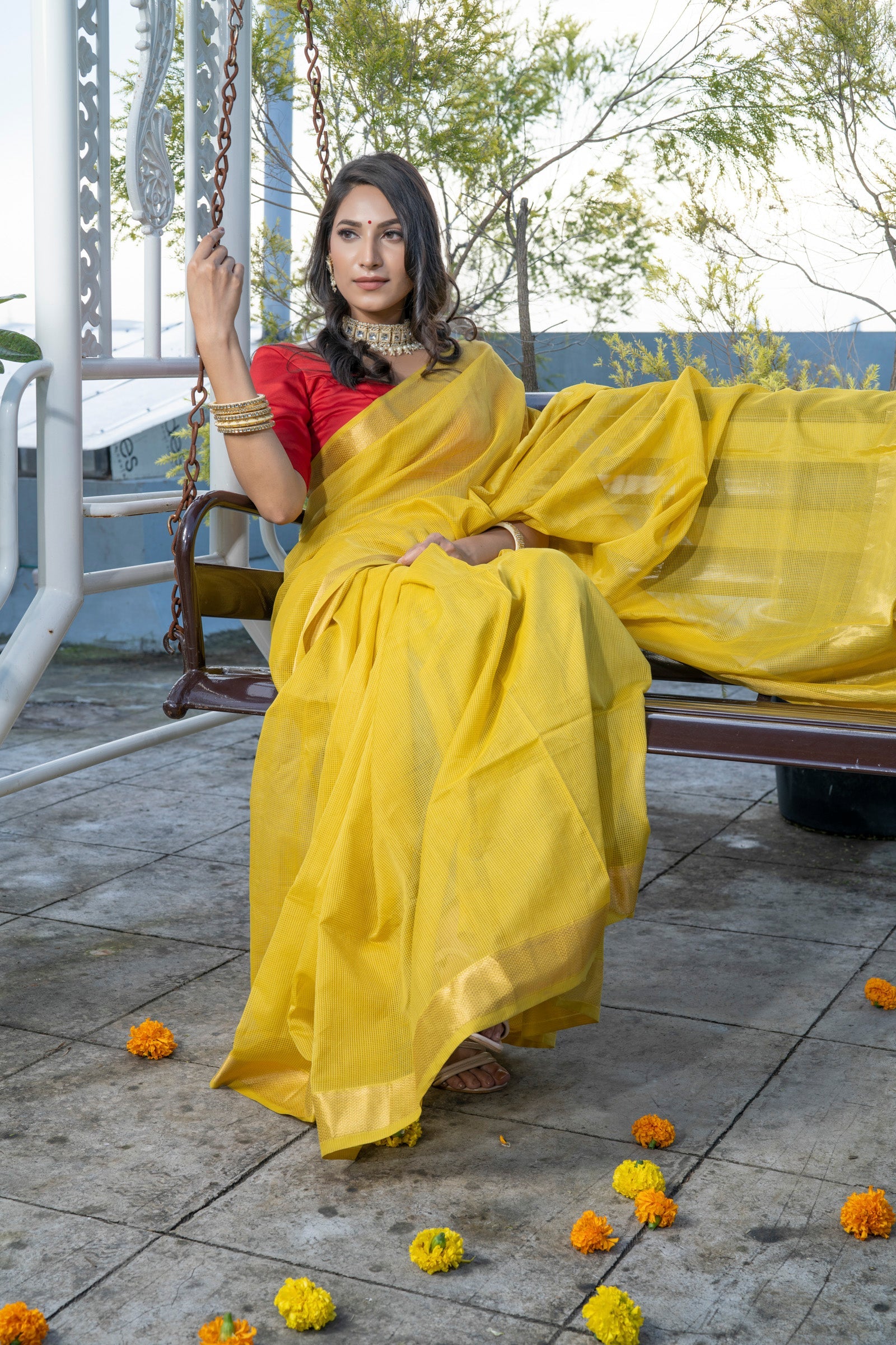 Pure Linen By Yellow Plain Saree With Red Blouse