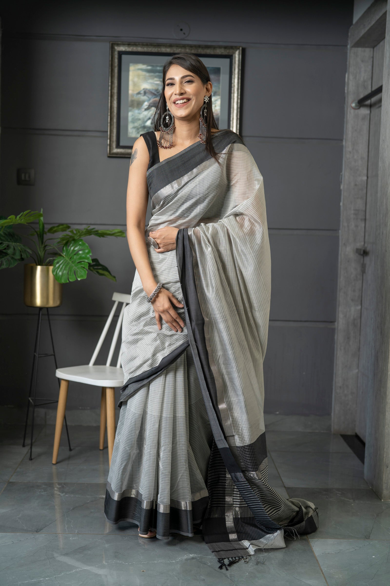 Linen Grey Colored Saree, Designer Wear