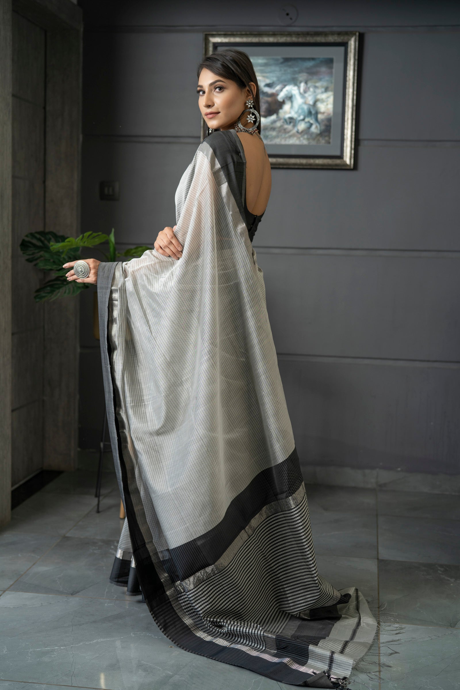 Linen Grey Colored Saree, Designer Wear