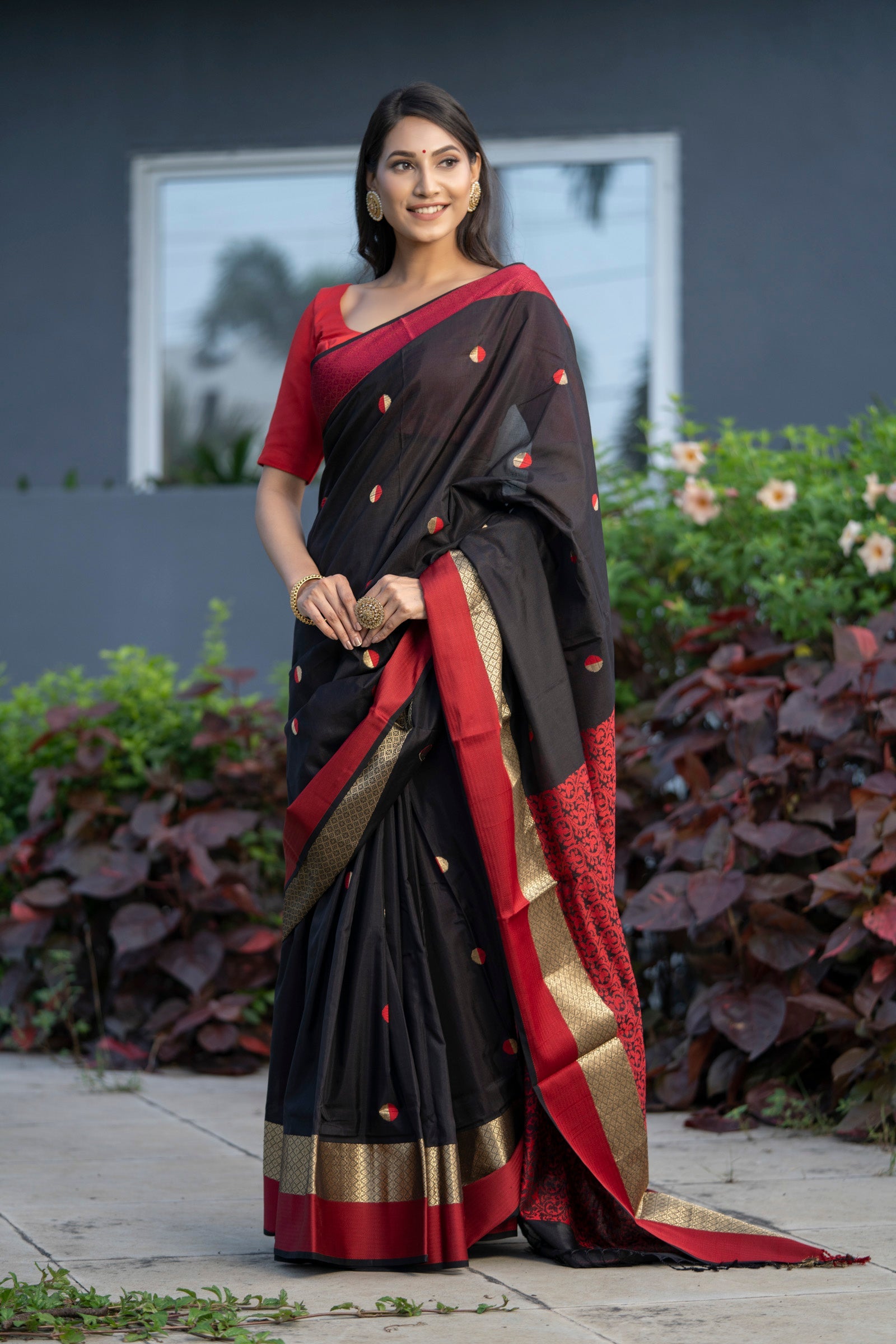 Pure Linen Intricate Black Red Saree,