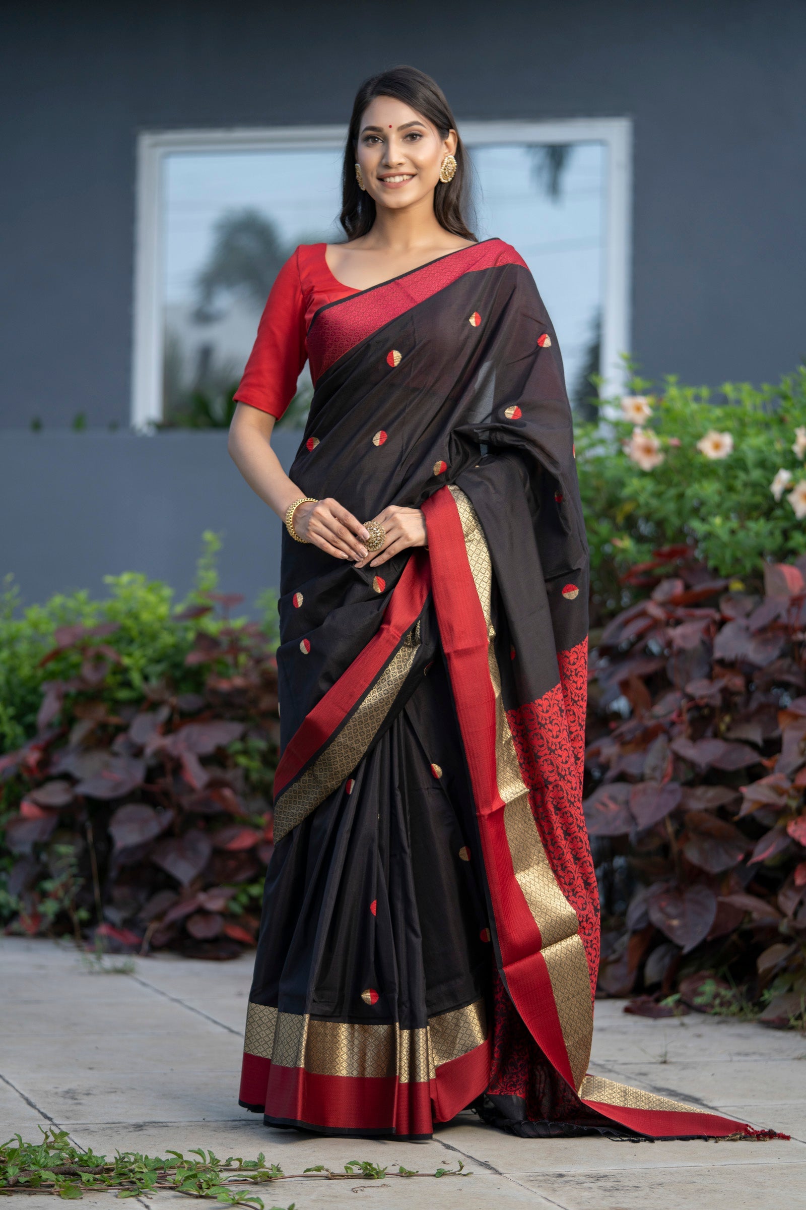 Pure Linen Intricate Black Red Saree,