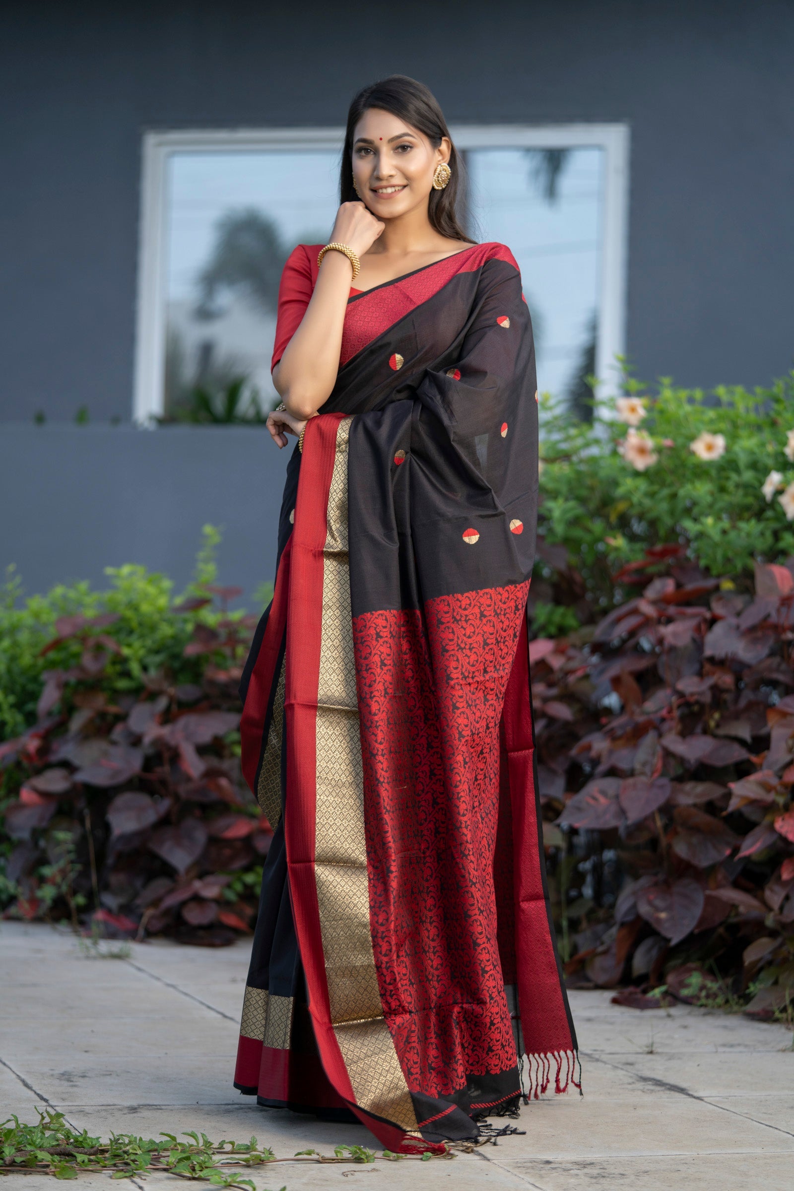 Pure Linen Intricate Black Red Saree,