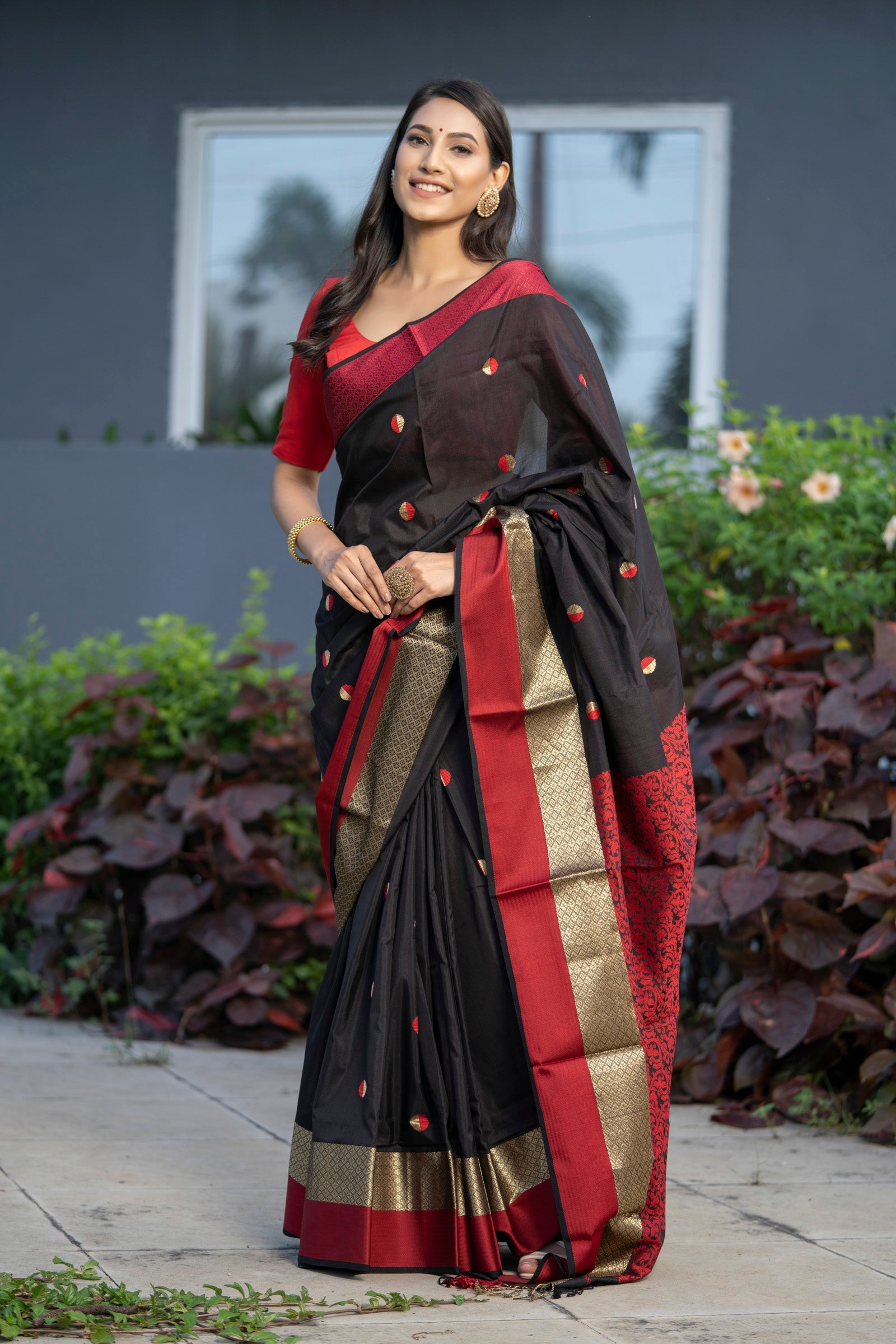 Pure Linen Intricate Black Red Saree,